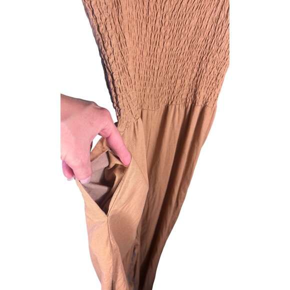 Sass Womens 12 Tan Smocked Jumpsuit Ruffle Straps Linen Blend Comfort Beachy - Picture 6 of 11